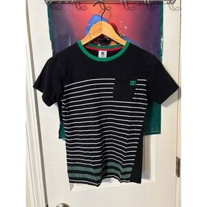 DC Shoes Mens Medium Black Striped Pocket T-Shirt Green Ringer Crew Neck Skate